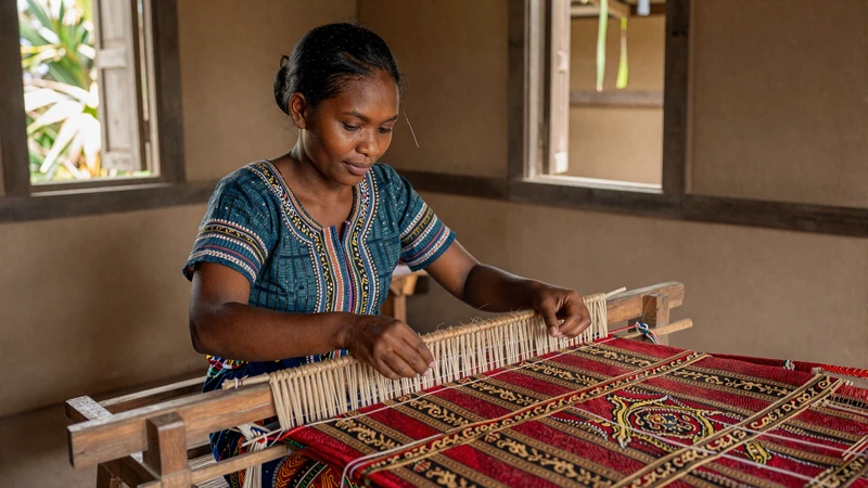 Timorese woman weaving traditional tais textile with intricate patterns - cultural artistry of Timor-Leste