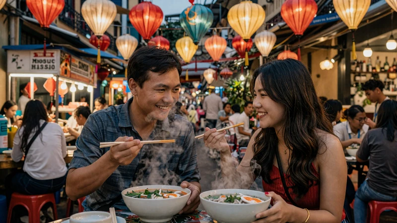 Western man and Vietnamese woman enjoying pho together at a Hanoi street food stall - Vietnamese women dating experience