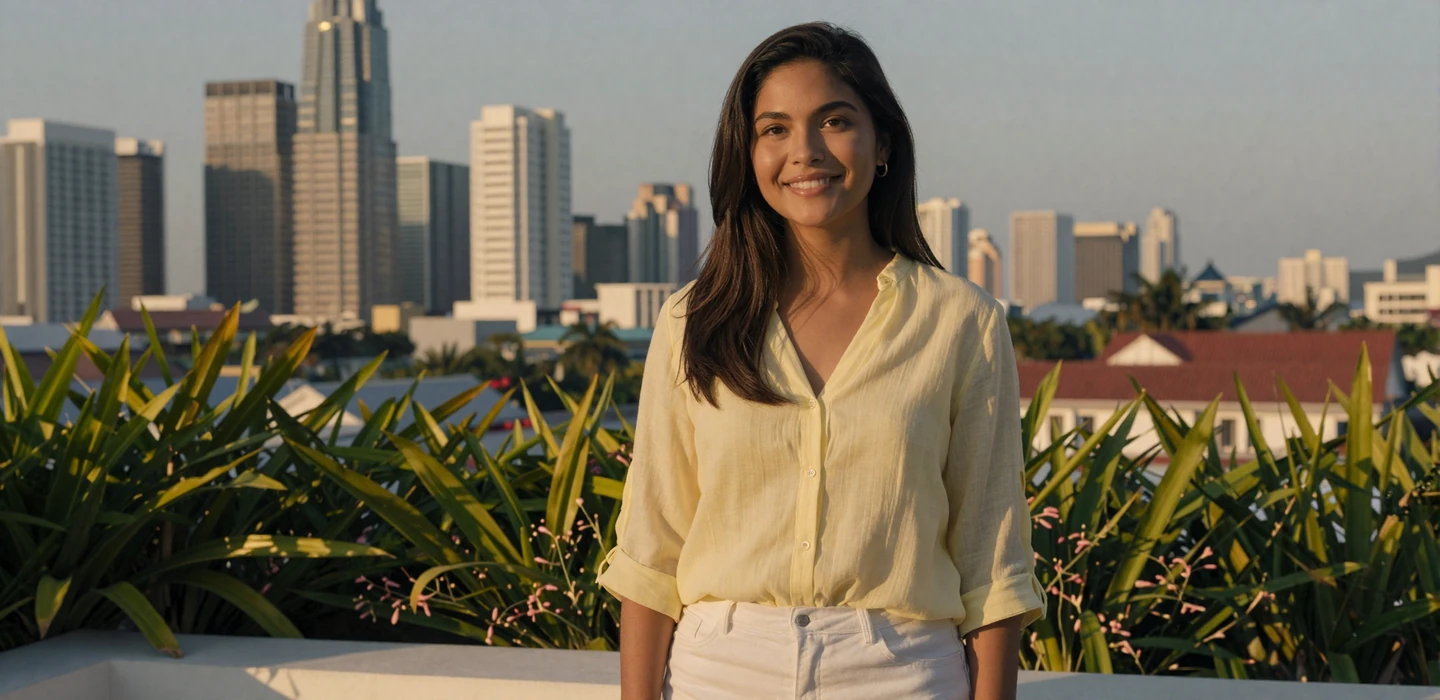 Beautiful Filipina woman smiling on a tropical rooftop terrace in Manila at golden hour - Filipino women dating on DatingSites2