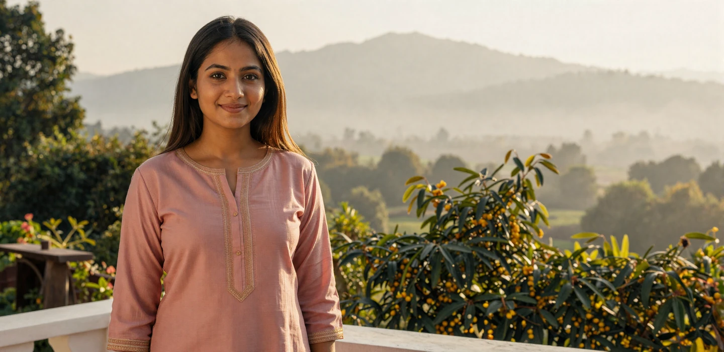 Beautiful Nepali woman in elegant rose kurta smiling warmly on a garden terrace with Himalayan foothills - Nepali women dating on DatingSites2