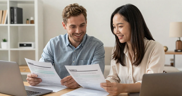 Interracial couple reviewing immigration documents together - green card through marriage guide 2026