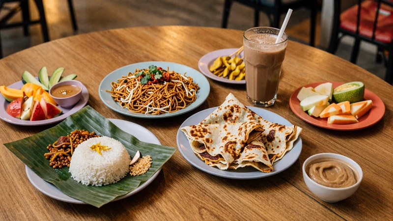 Traditional Malaysian food spread with nasi lemak, roti canai, char kway teow, and teh tarik - Malaysian culinary hospitality