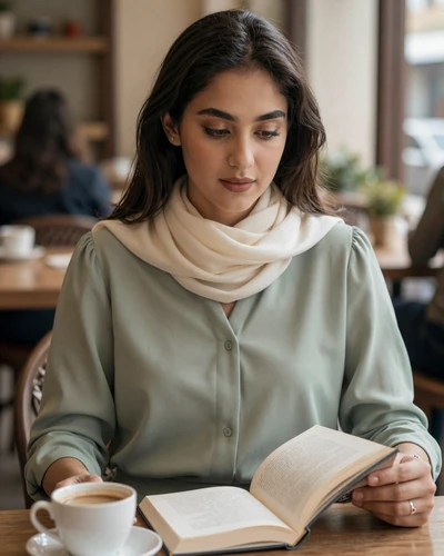 Afghan woman reading at a sunlit cafe with chai - modern Afghan dating lifestyle