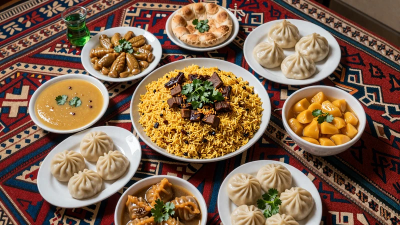 Traditional Turkmen meal spread with plov, çorba, manti and green tea on a carpet - Turkmen culinary hospitality