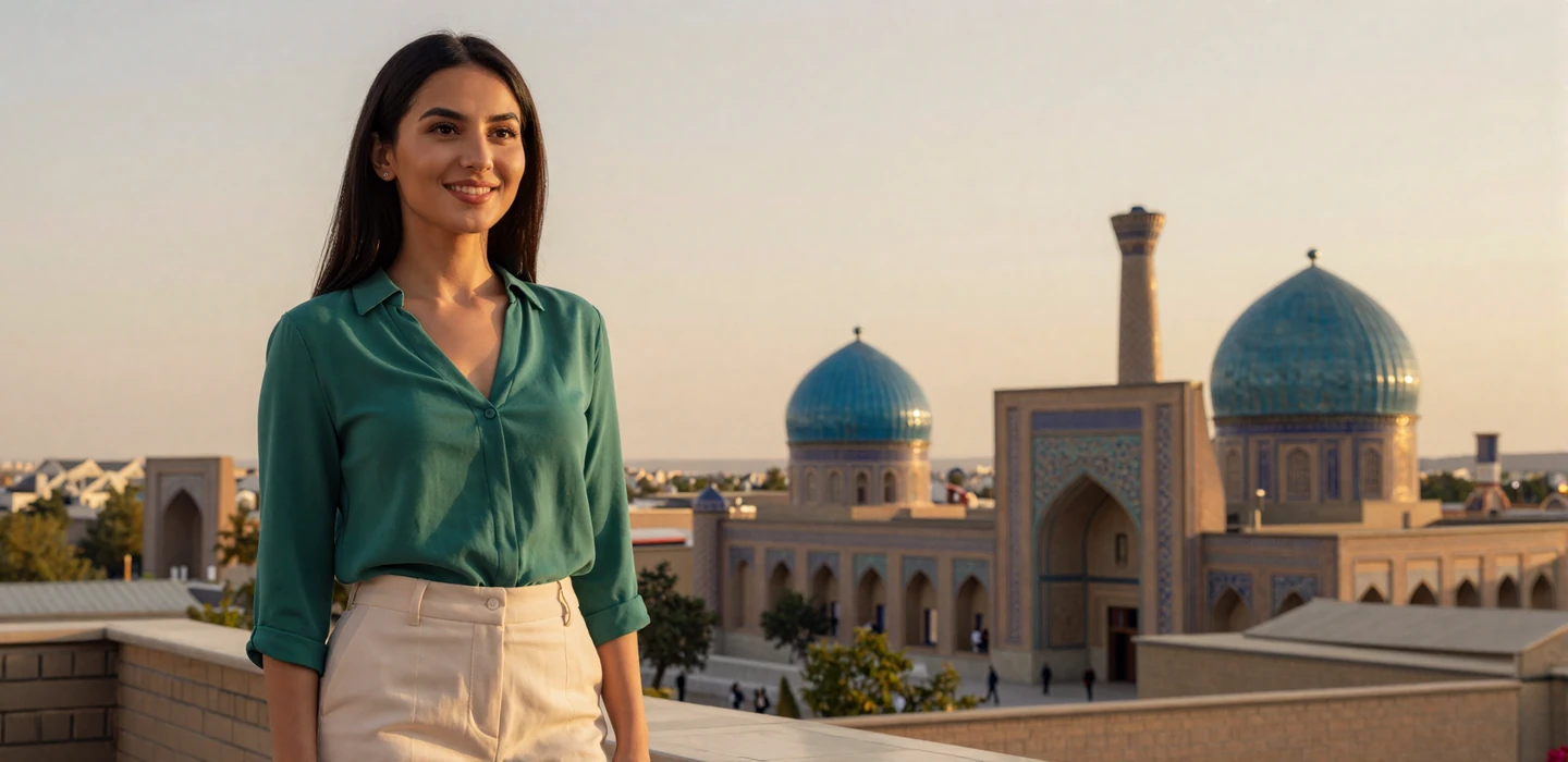 Beautiful Uzbek woman in modern attire smiling on a sunlit terrace in Samarkand - Uzbek women dating on DatingSites2