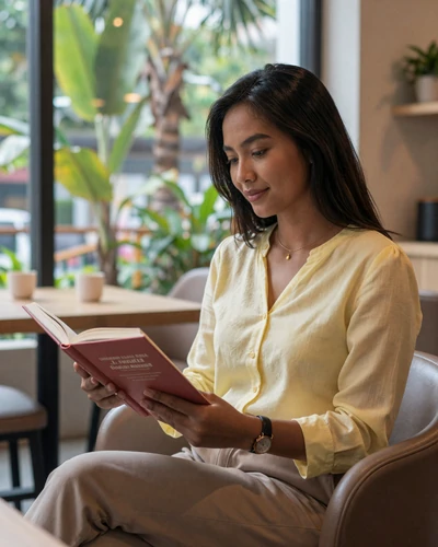 Bruneian woman reading at modern cafe in Bandar Seri Begawan - modern Bruneian dating lifestyle