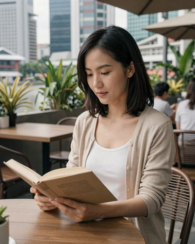Singaporean woman reading at an outdoor cafe with modern architecture in background - Singaporean dating lifestyle