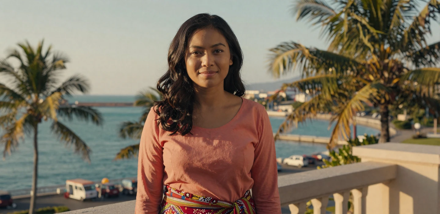 Beautiful Timorese woman in traditional tais sarong smiling on a balcony overlooking Dili harbor - Timorese women dating on DatingSites2