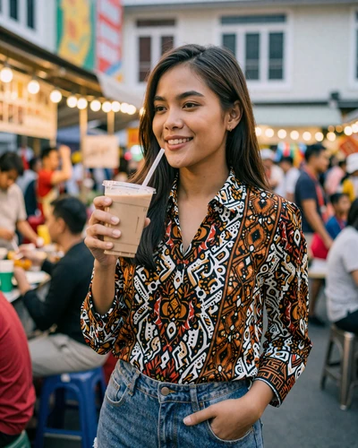 Malaysian woman enjoying teh tarik at a Kuala Lumpur hawker center - modern Malaysian dating lifestyle