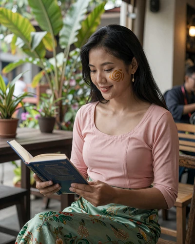 Burmese woman reading at a cafe in Yangon wearing thanaka and longyi - modern Burmese dating lifestyle
