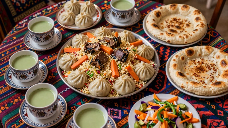 Traditional Afghan meal spread with Kabuli pulao, mantu, bolani and green chai - Afghan culinary hospitality