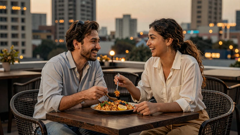 Western man and Bangladeshi woman sharing biryani at a Dhaka rooftop restaurant - Bangladeshi women dating experience
