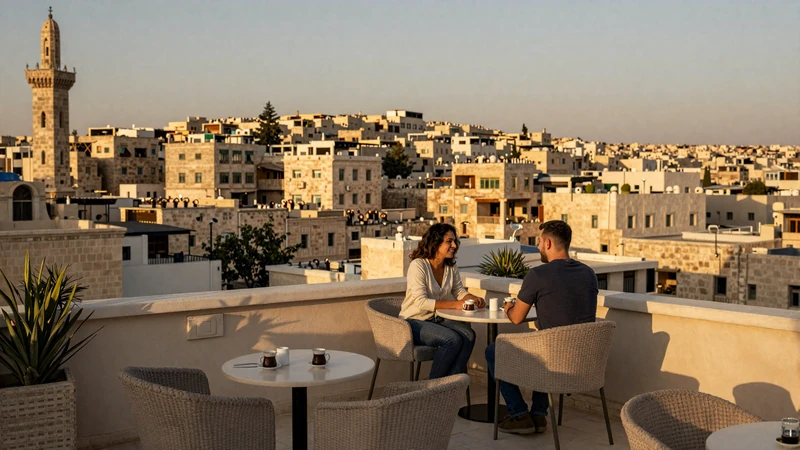 Modern rooftop cafe in Amman Jordan with panoramic city view and Arabic coffee - Jordanian dating culture