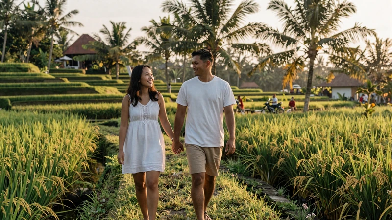 Western man and Indonesian woman walking hand-in-hand through Bali rice terraces - Indonesian women dating experience