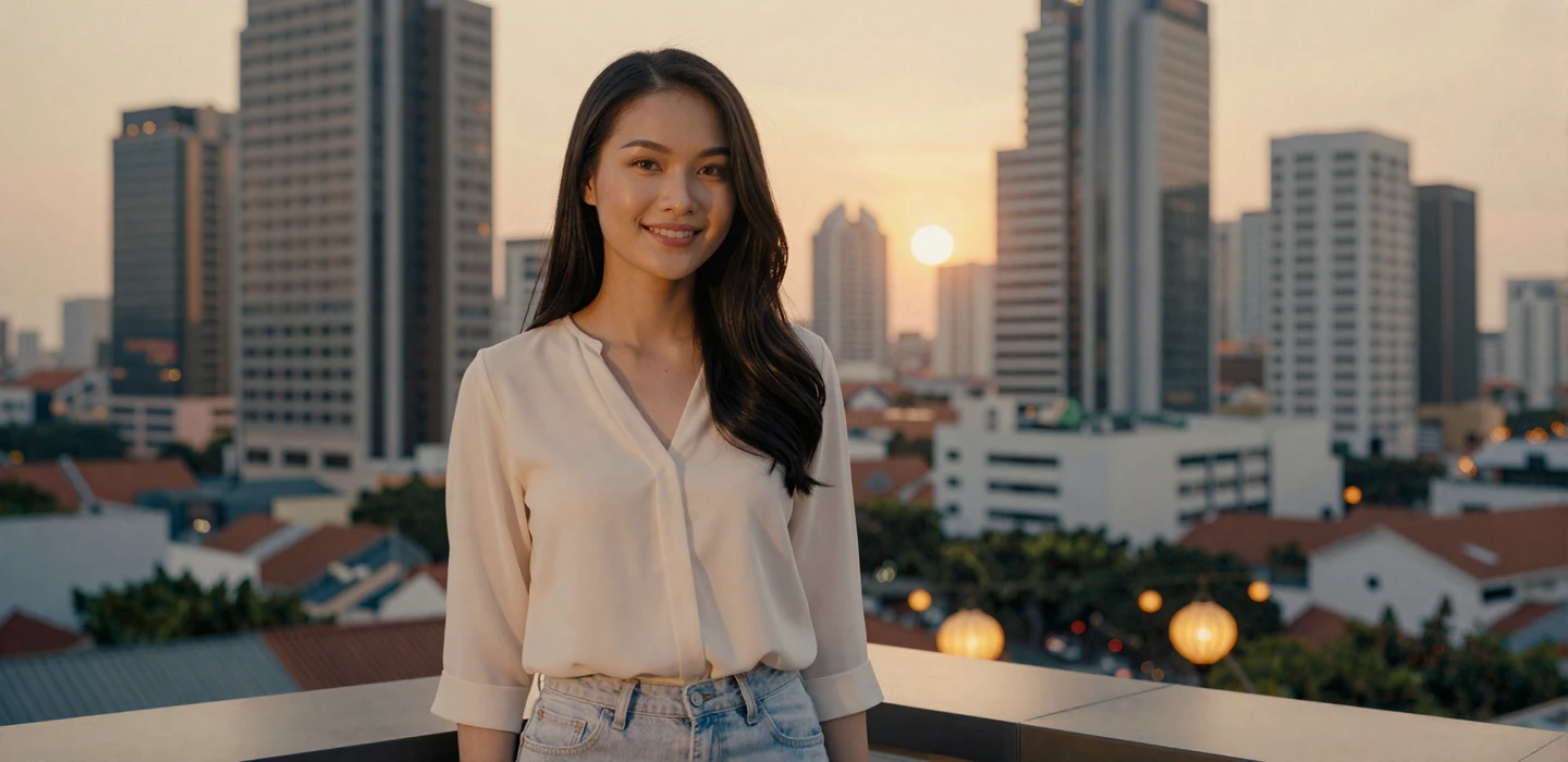 Beautiful Vietnamese woman smiling on a rooftop terrace overlooking Ho Chi Minh City at sunset - Vietnamese women dating on DatingSites2