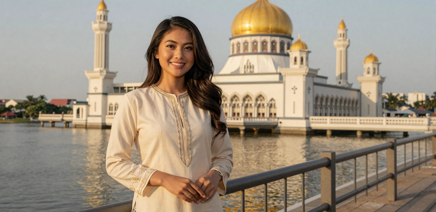 Elegant Bruneian woman in cream baju kurung smiling on Bandar Seri Begawan waterfront - Bruneian women dating on DatingSites2