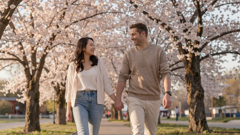 Happy interracial couple walking in cherry blossom park - success story from Asian women dating platform