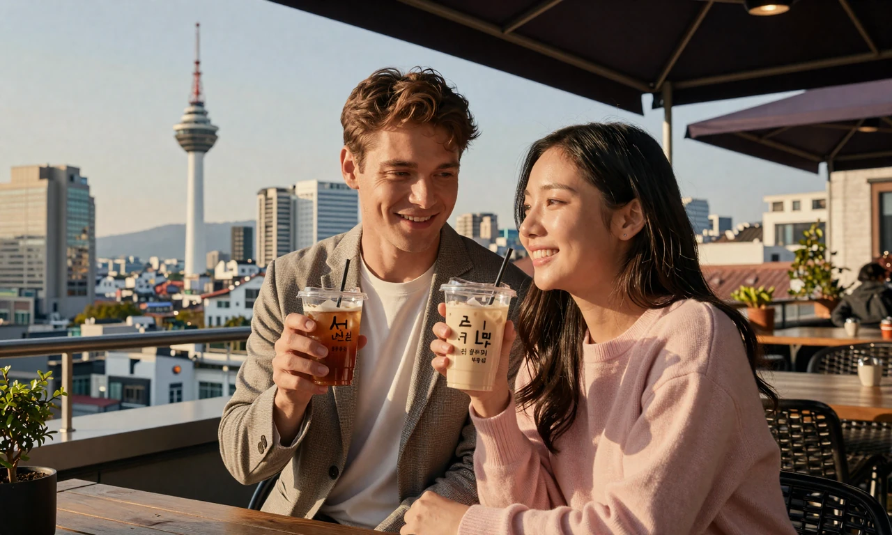 Western man and Korean woman enjoying rooftop cafe date in Seoul with skyline view - Korean women dating experience