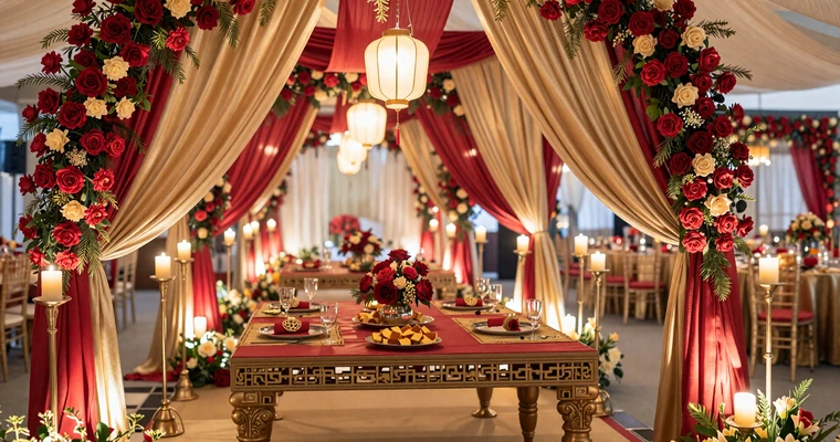 Beautifully decorated Asian wedding venue with red and gold floral archway and warm candlelight - guide to Asian wedding traditions