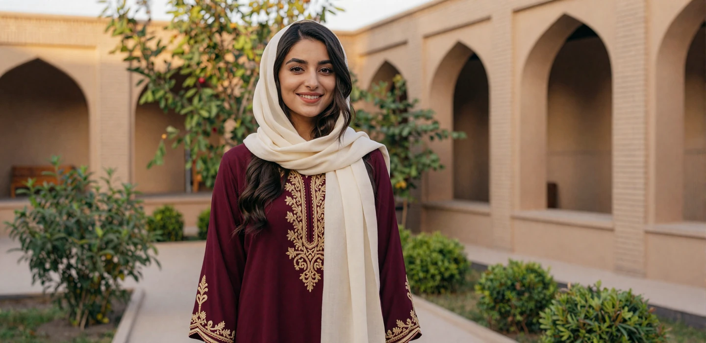 Beautiful Afghan woman in elegant burgundy traditional dress smiling in a sunlit courtyard - Afghan women dating on DatingSites2