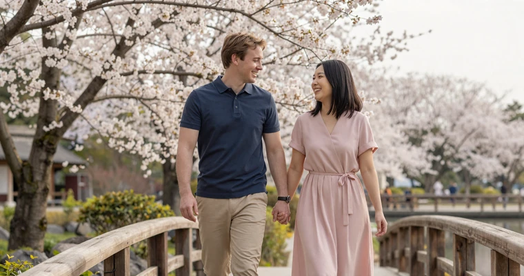 Cross-cultural couple walking through an Asian garden with cherry blossoms - cultural differences in relationships guide