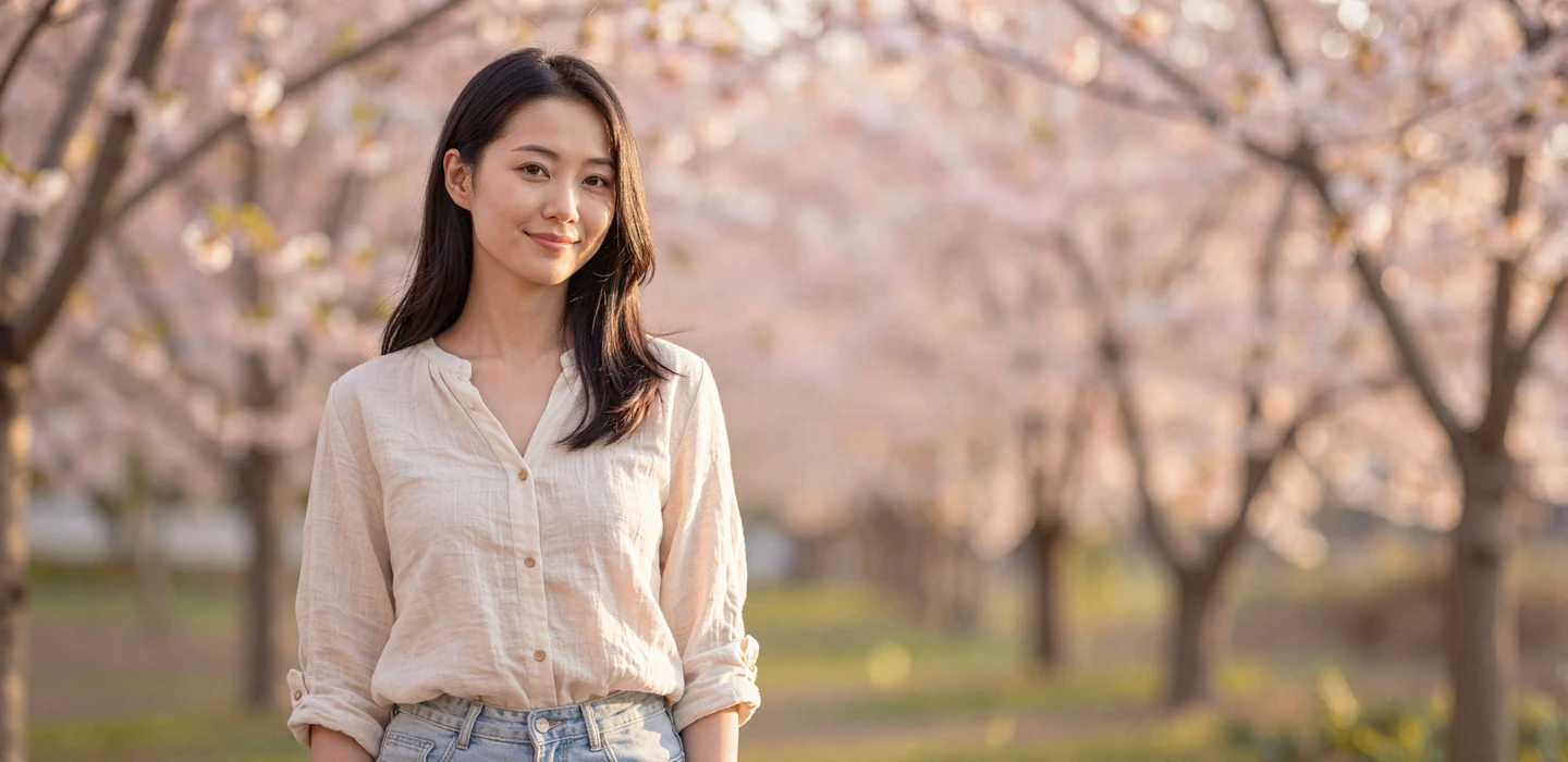 Beautiful Asian woman smiling in a sunlit garden - asian women dating on DatingSites2