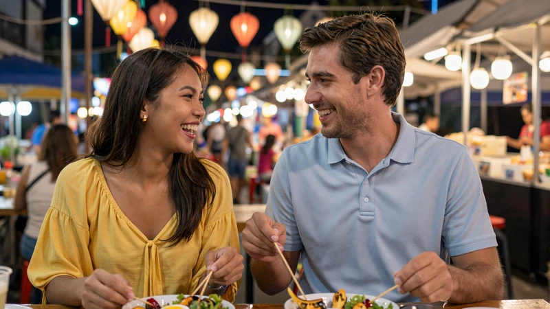 Western man and Thai woman sharing street food at a Bangkok night market - Thai women dating experience