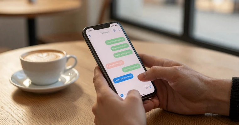 Man typing a first message on a dating app in a warm coffee shop setting - conversation starter tips