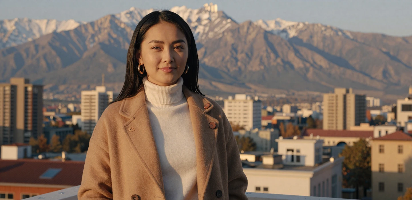 Beautiful Kazakh woman in stylish coat overlooking Almaty skyline with Tien Shan mountains - Kazakh women dating on DatingSites2