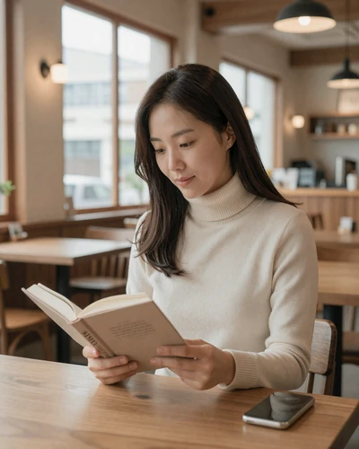 Korean heritage woman reading in a cozy Seoul cafe - modern North Korean diaspora lifestyle and dating