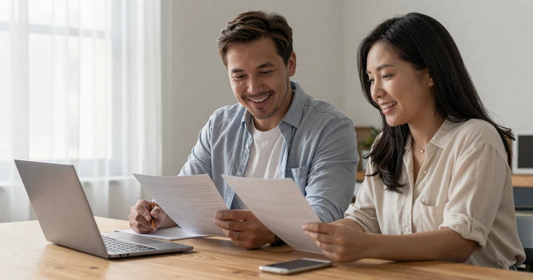 Interracial couple reviewing marriage visa documents together - international marriage guide 2026