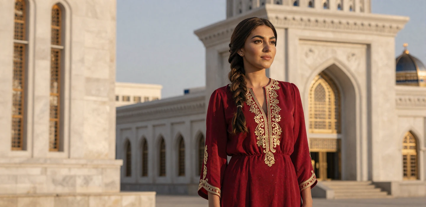 Beautiful Turkmen woman in elegant ruby dress with gold embroidery standing near Ashgabat white marble architecture - Turkmen women dating on DatingSites2