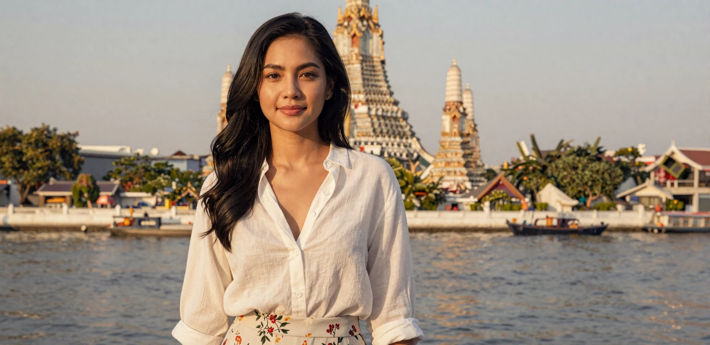 Beautiful Thai woman in elegant outfit smiling at a riverside terrace with Bangkok temple spires at golden hour - Thai women dating on DatingSites2