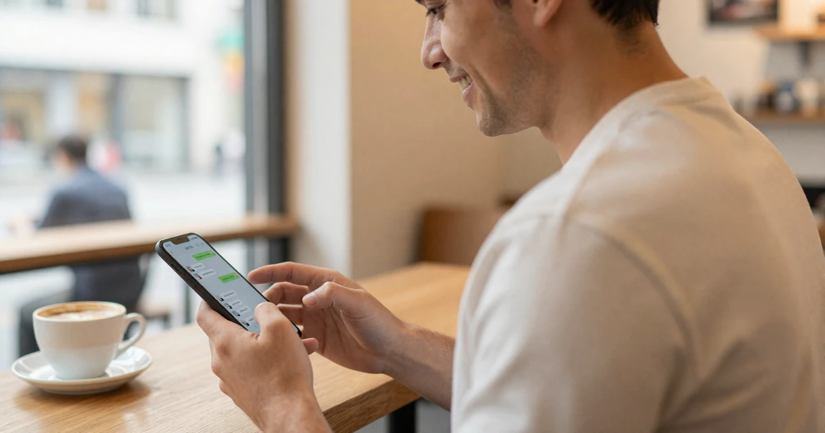 Man creating a dating profile on his smartphone at a cafe - online dating profile tips for men