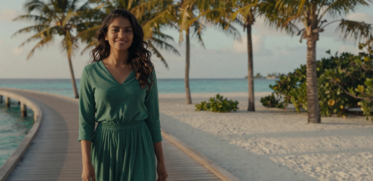 Beautiful Maldivian woman in modest emerald dress smiling on a tropical island boardwalk - Maldivian women dating on DatingSites2