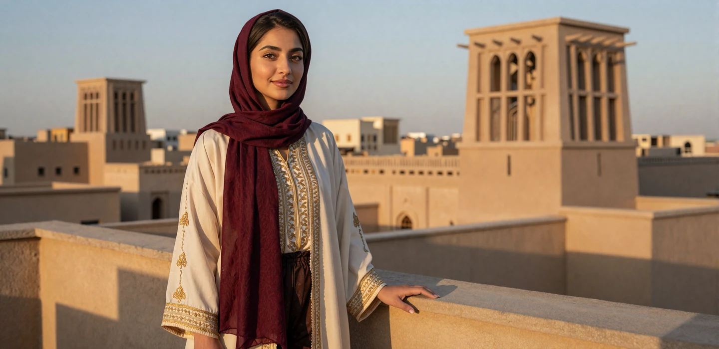 Beautiful Yemeni woman in elegant cream and gold embroidered attire smiling on a rooftop in Sana'a - Yemeni women dating on DatingSites2