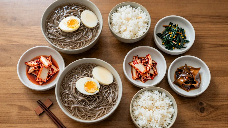 Traditional Korean meal spread with Pyongyang naengmyeon, mandu dumplings and banchan - North Korean culinary heritage