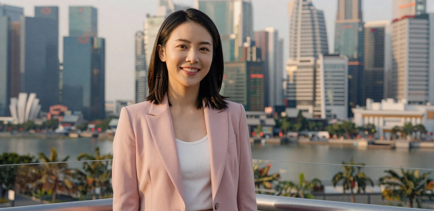 Stylish Singaporean woman smiling on a rooftop terrace with Marina Bay Sands skyline in the background - Singaporean women dating on DatingSites2
