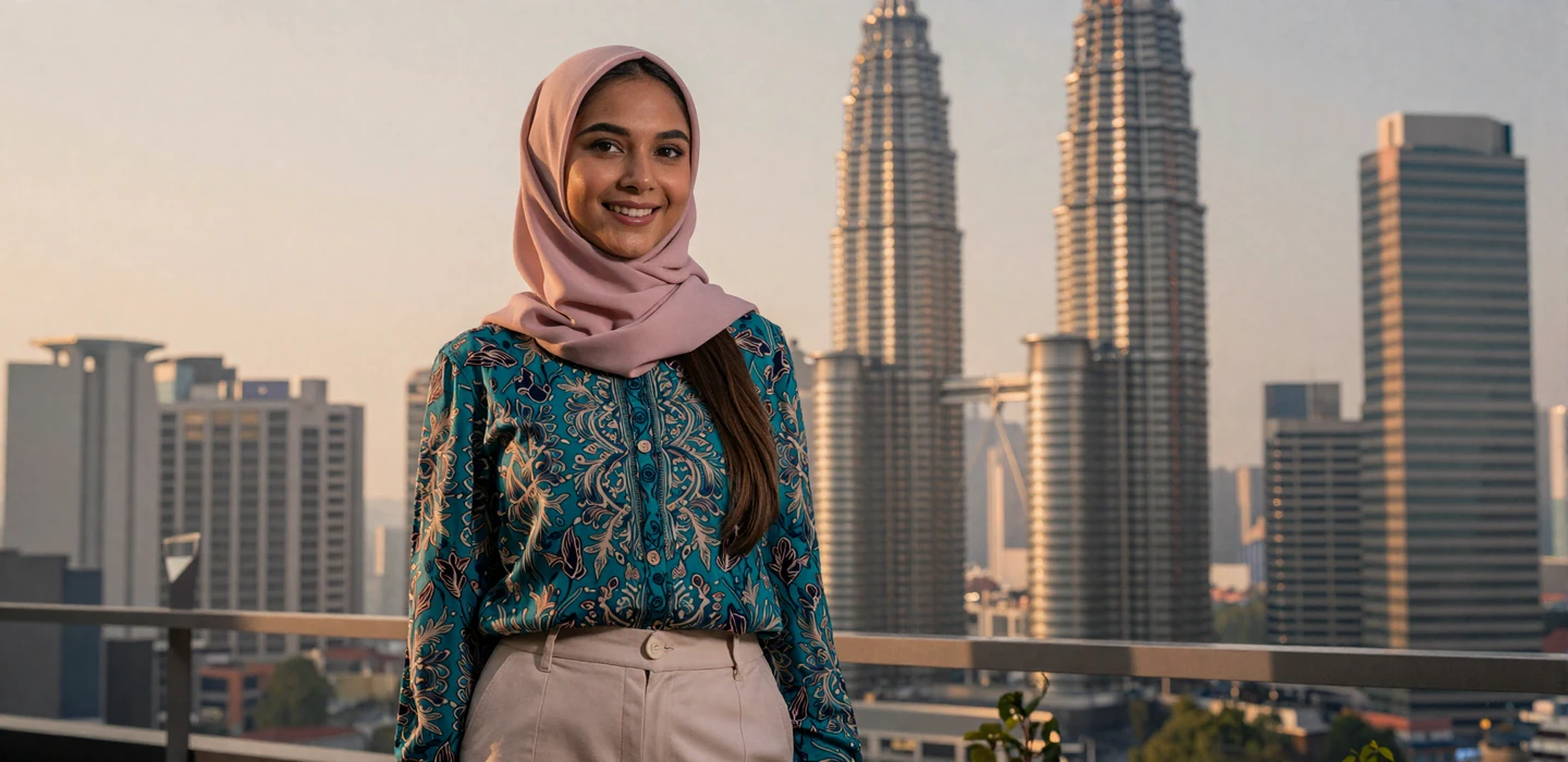 Beautiful Malaysian woman in modern batik blouse smiling on a Kuala Lumpur rooftop at golden hour - Malaysian women dating on DatingSites2