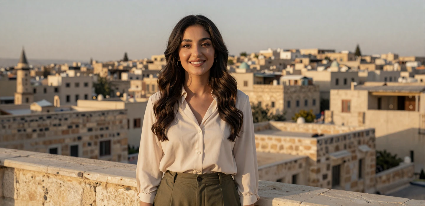 Beautiful Jordanian woman in elegant cream blouse smiling on Amman rooftop terrace at golden hour - Jordanian women dating on DatingSites2