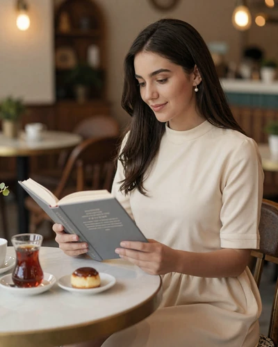 Modern Turkmen woman reading at a cafe with tea - contemporary Turkmen dating lifestyle