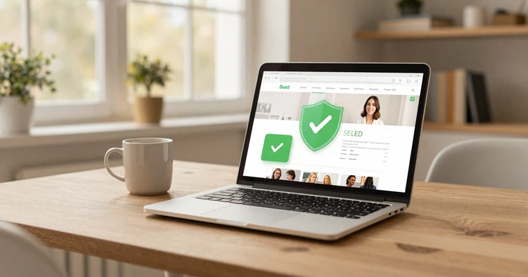 Laptop displaying a dating site with a shield verification icon - online dating scam protection guide 2026
