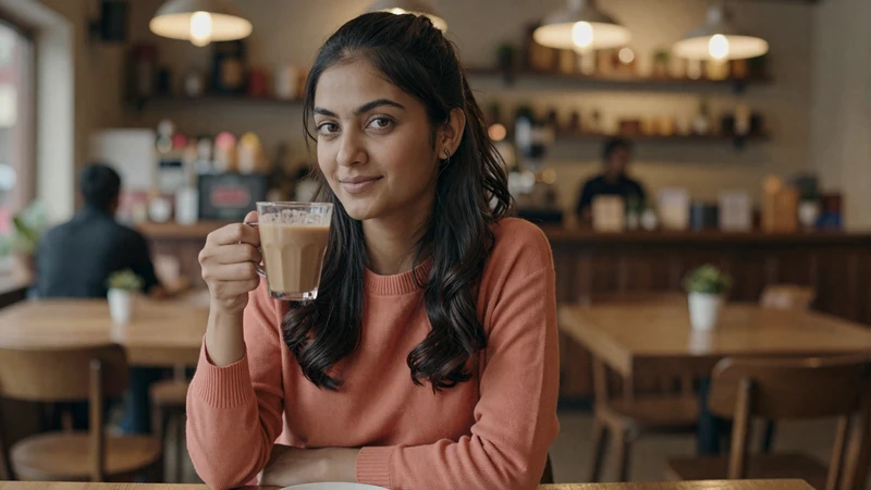 Nepali woman enjoying milk tea in a cozy Kathmandu cafe - experience nepali dating culture firsthand