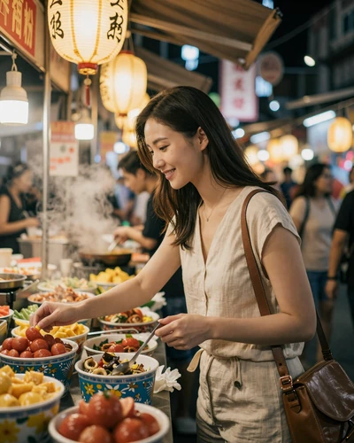 Taiwanese woman browsing food stalls at a vibrant Taipei night market - modern Taiwanese dating lifestyle