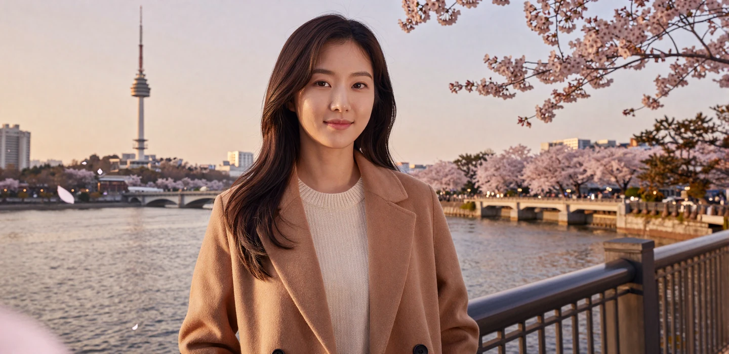 Beautiful Korean woman in stylish casual outfit smiling on Seoul bridge at golden hour - Korean women dating on DatingSites2