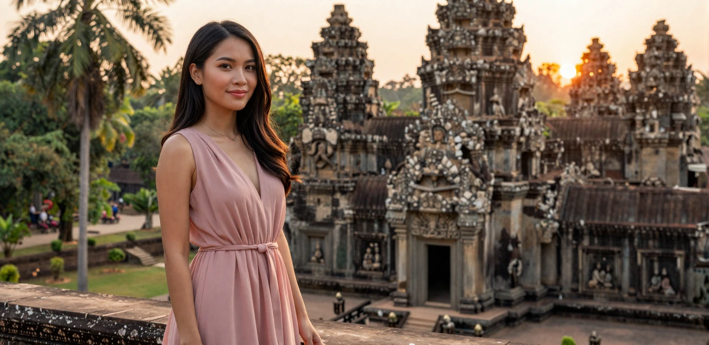 Beautiful Cambodian woman in elegant rose dress smiling on a terrace with Khmer temple gardens - Cambodian women dating on DatingSites2