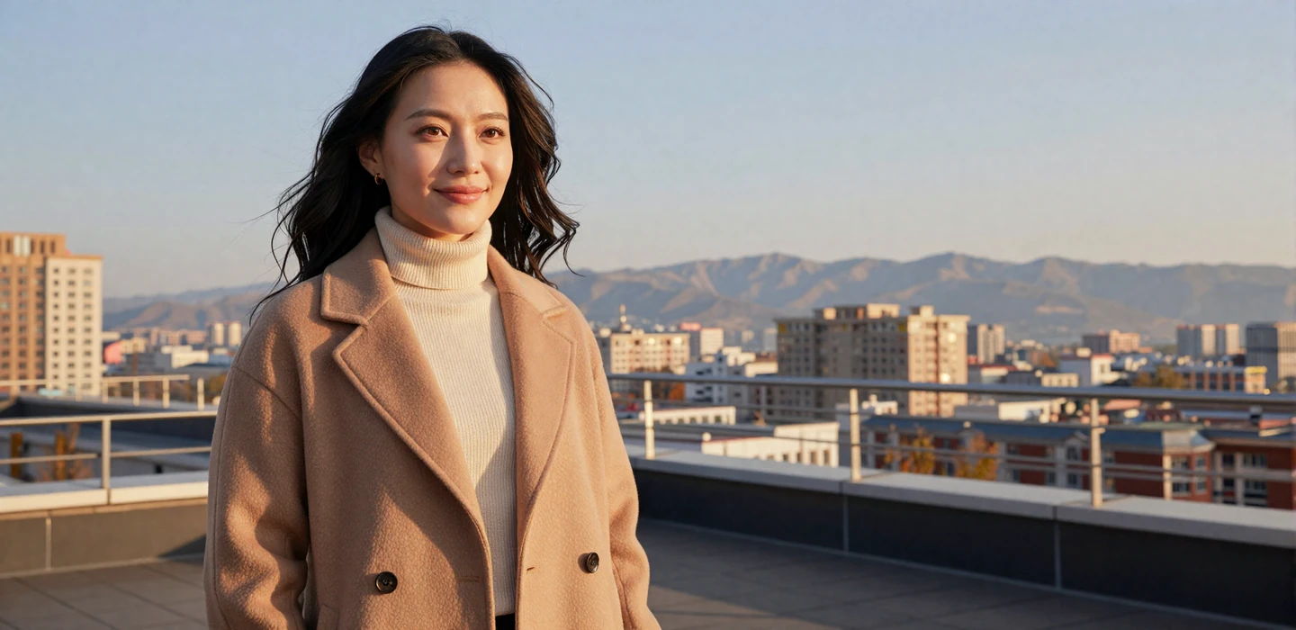 Beautiful Mongolian woman in stylish camel coat smiling on Ulaanbaatar rooftop at golden hour - Mongolian women dating on DatingSites2