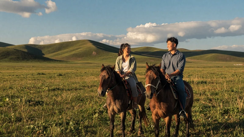 Young couple horseback riding across the Mongolian steppe at golden hour - adventure dating in Mongolia