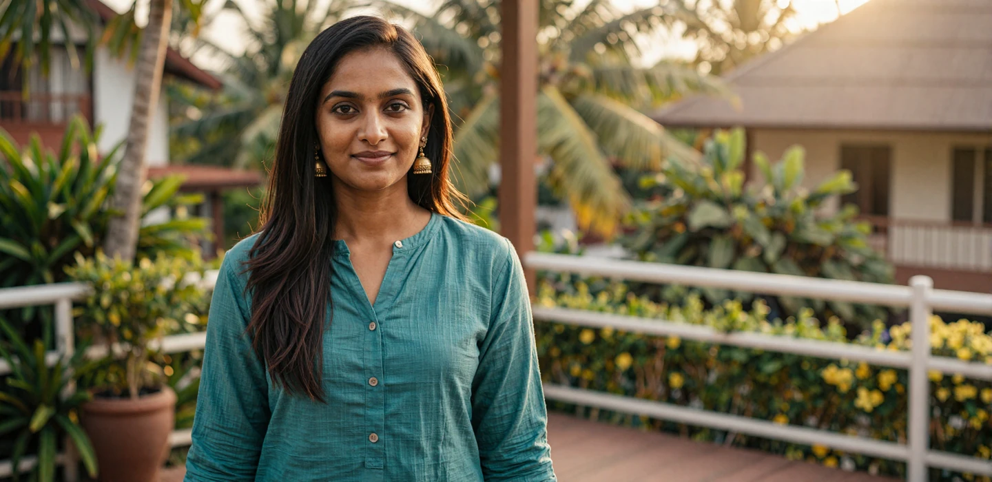 Beautiful Sri Lankan woman in casual teal kurta smiling in a tropical garden - Sri Lankan women dating on DatingSites2