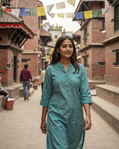 Nepali woman walking through traditional Kathmandu street with prayer flags - nepali dating culture experience
